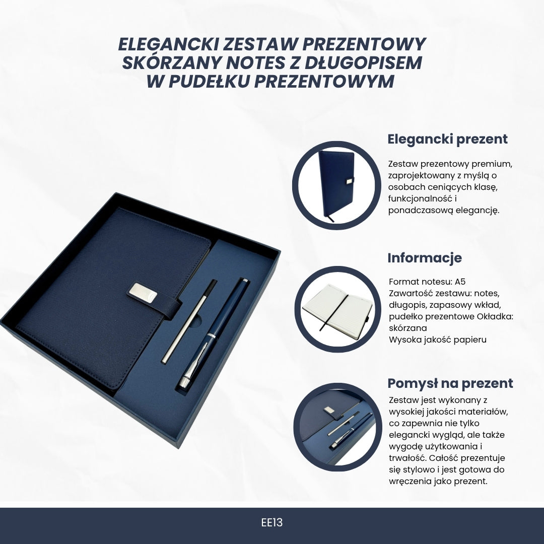 Caderno de Pele Azul Escuro Elegante A5 com Caneta e Gravação Personalizada em Caixa de Presente