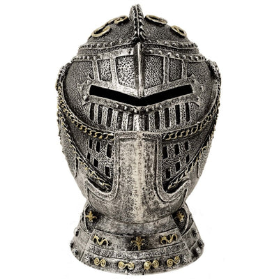 Mealheiro Decorativo em Forma de Elmo de Cavaleiro com Gravação - Prateado Envelhecido, 13 cm
