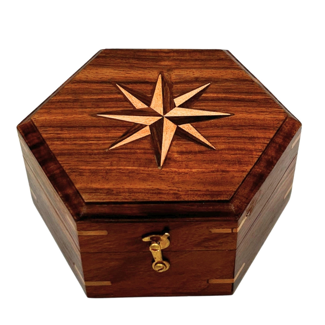 Bússola de latão com relógio de sol em elegante caixa de madeira - presente ideal com possibilidade de personalização por gravação - estilo retro, fabrico clássico, alta qualidade