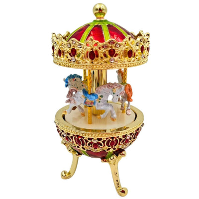 Caixa de Música Carrossel com Gravação - Decoração Elegante em Dourado e Vermelho, 14 cm