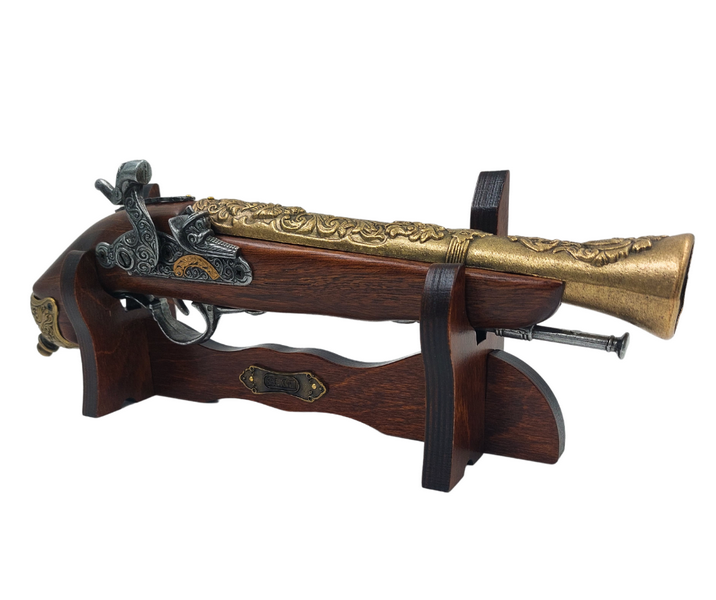 Réplica de Pistola de Pederneira do Século XVIII em Suporte com Possibilidade de Personalização por Gravação - Elemento Decorativo Elegante e Presente Ideal para Amantes da História - Feito de Metal e Madeira, Comprimento 38 cm