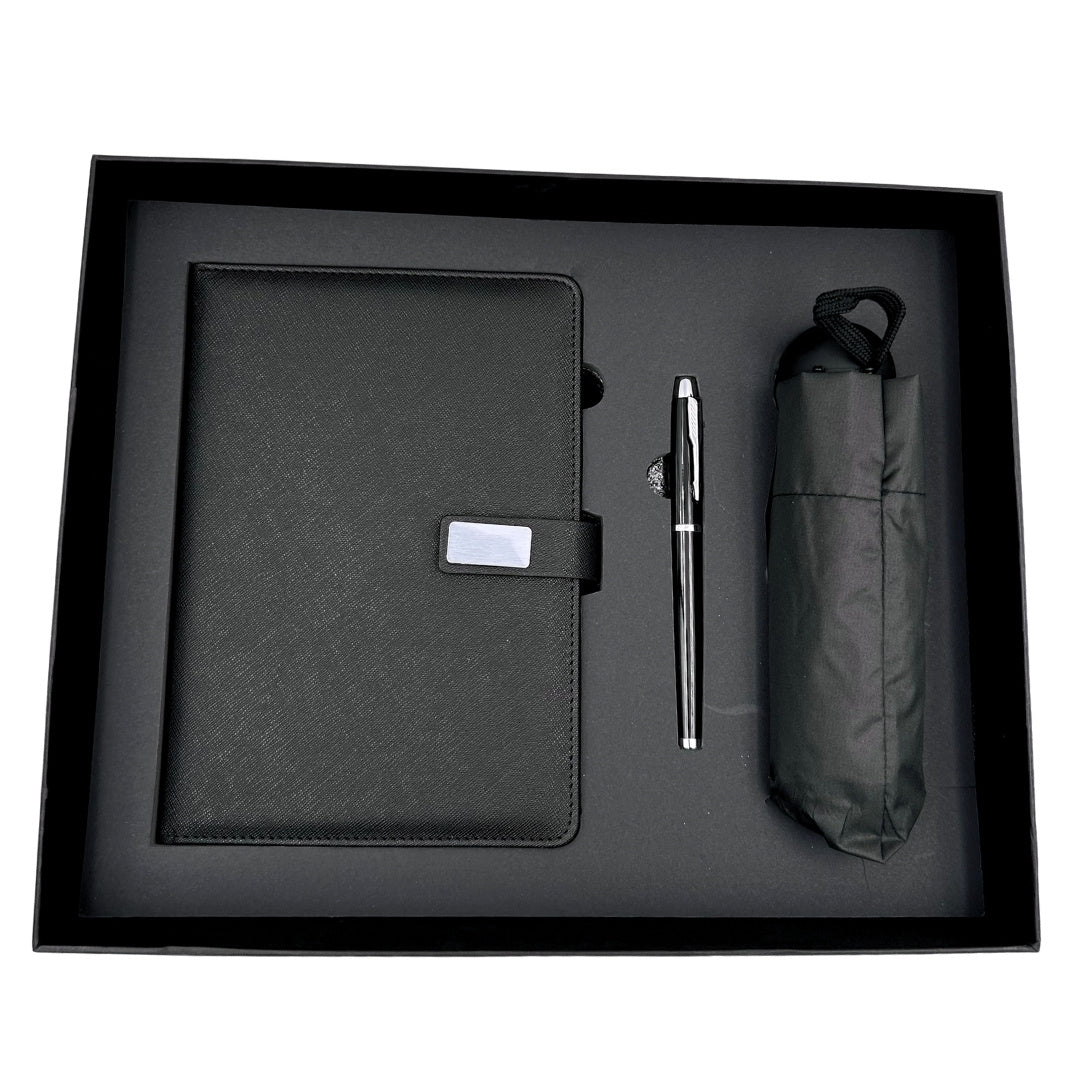Conjunto Elegante para Presente com Personalização - Caderno de Pele A5, Caneta e Guarda-Chuva Preto em Caixa de Presente