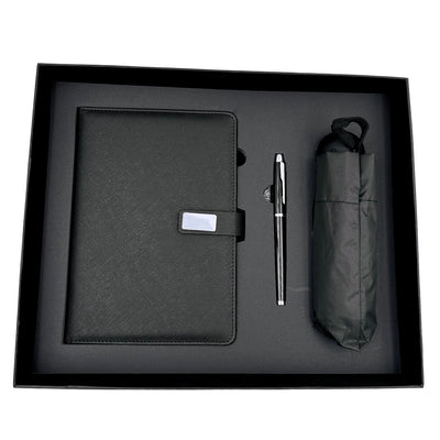 Conjunto Elegante para Presente com Personalização - Caderno de Pele A5, Caneta e Guarda-Chuva Preto em Caixa de Presente