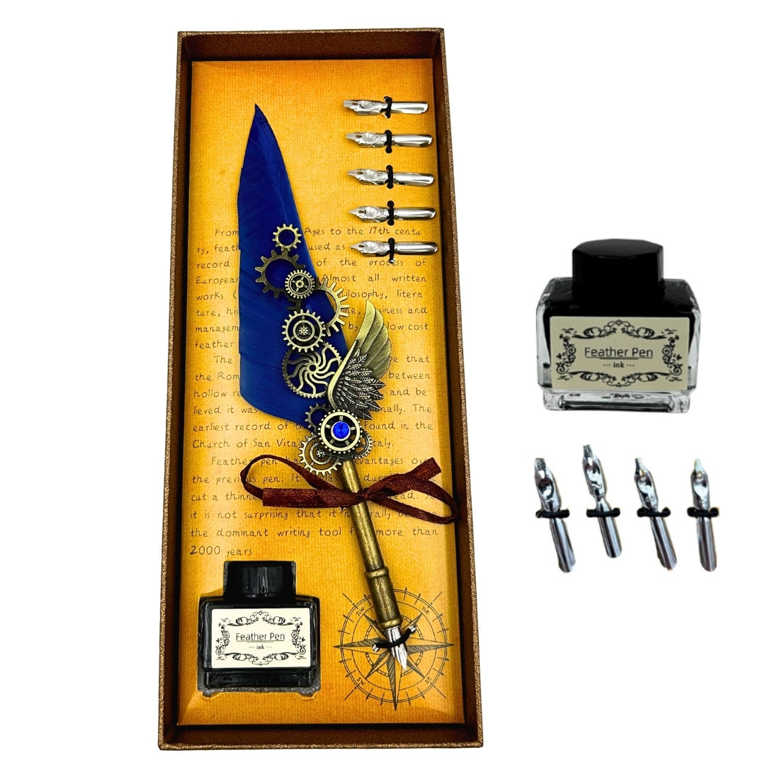 Conjunto de Caligrafia Retro com Caneta de Pena Azul, 6 Penas, Tinta, Personalização com Gravação, Presente Elegante em Estilo Vintage