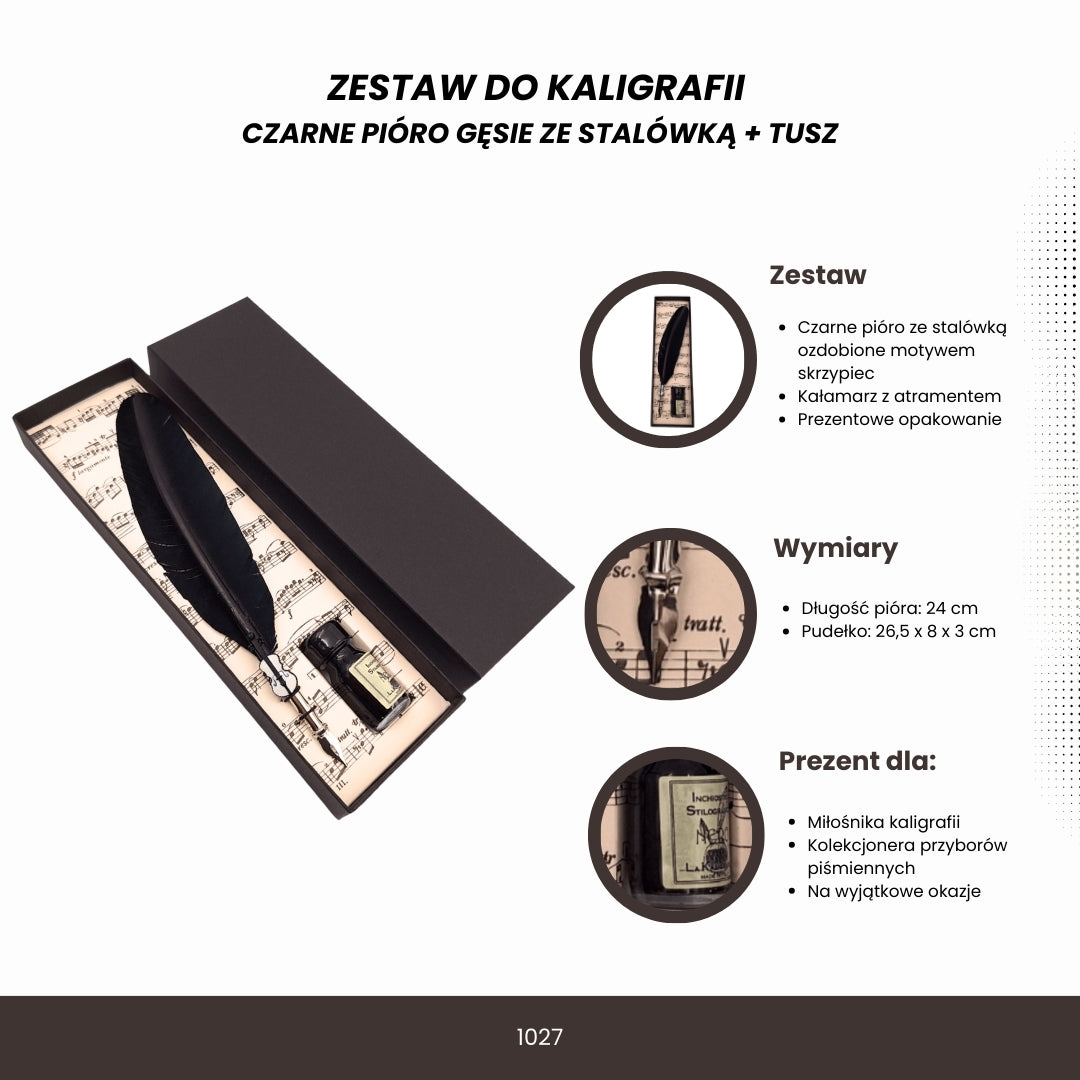 Conjunto elegante de caligrafia com caneta de ganso preta com pena, tinta e possibilidade de gravação personalizada
