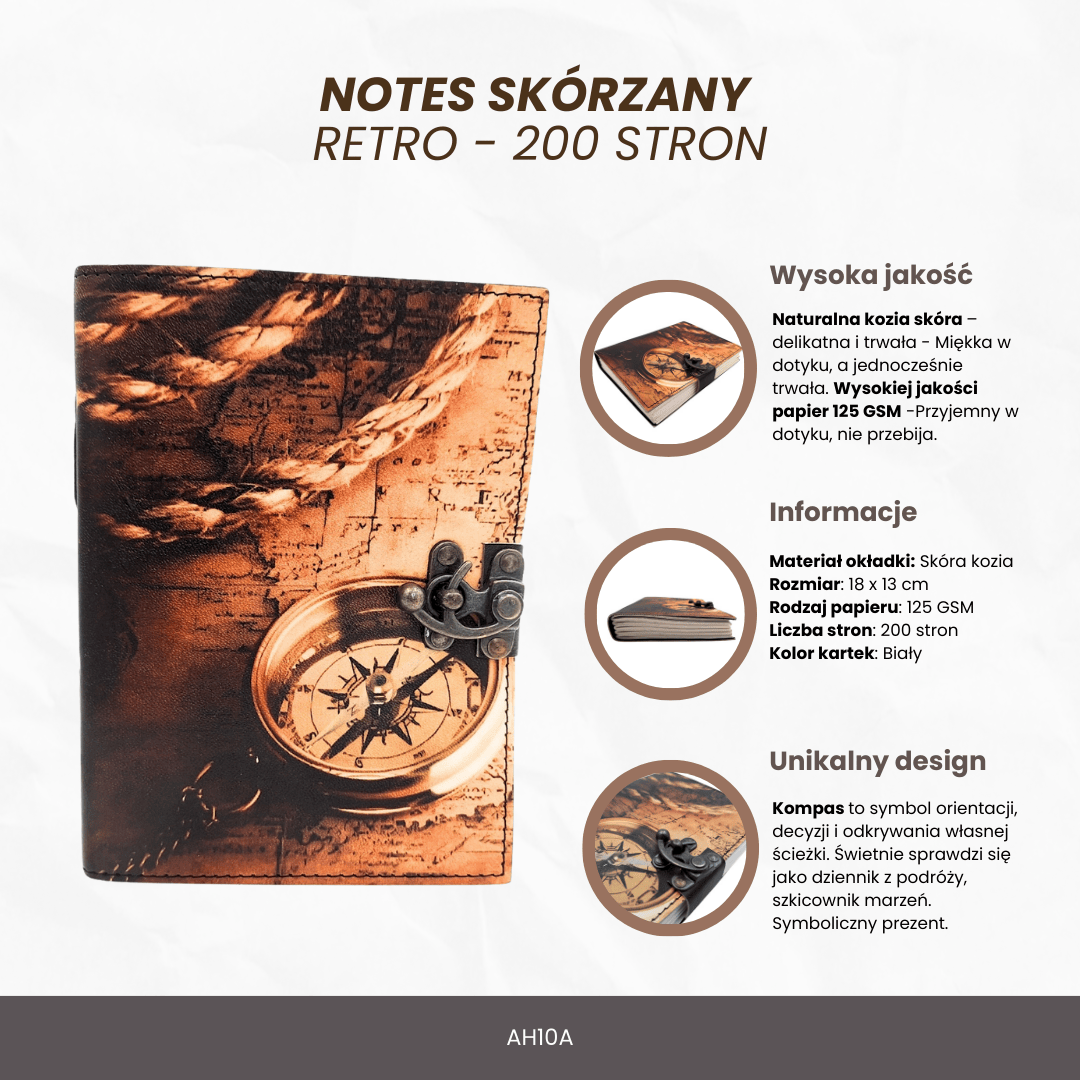Caderno de Couro Bússola Retro Vintage 200 páginas com possibilidade de personalização por gravação