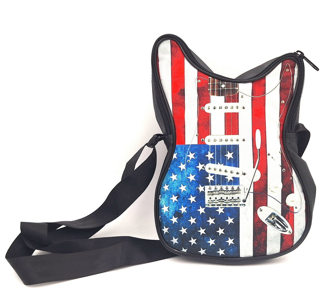 Mala de ombro em forma de guitarra com bandeira americana – impermeável, com alça ajustável, possibilidade de personalização por gravação