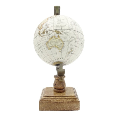 Globo Decorativo Estiloso Amundsen em Base de Madeira com Gravação - Decoração Elegante para Interiores Clássicos, Loft e Colonial, Ideal para Presente - Altura 26,5 cm, Cor Branco e Castanho, Toque Educativo em Inglês