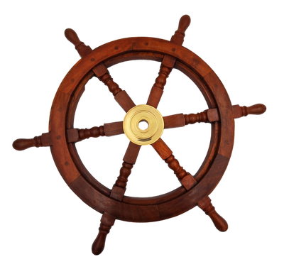 Roda de Leme em Madeira com Inserto em Latão - Diâmetro 60 cm - Decoração Náutica Retro para Oferta a Velejador