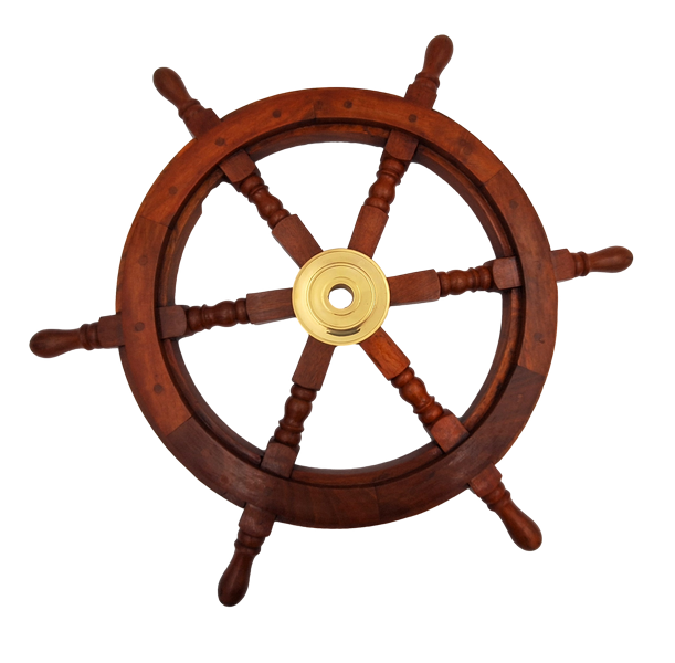Roda de Leme em Madeira com Inserto em Latão - Diâmetro 60 cm - Decoração Náutica Retro para Oferta a Velejador