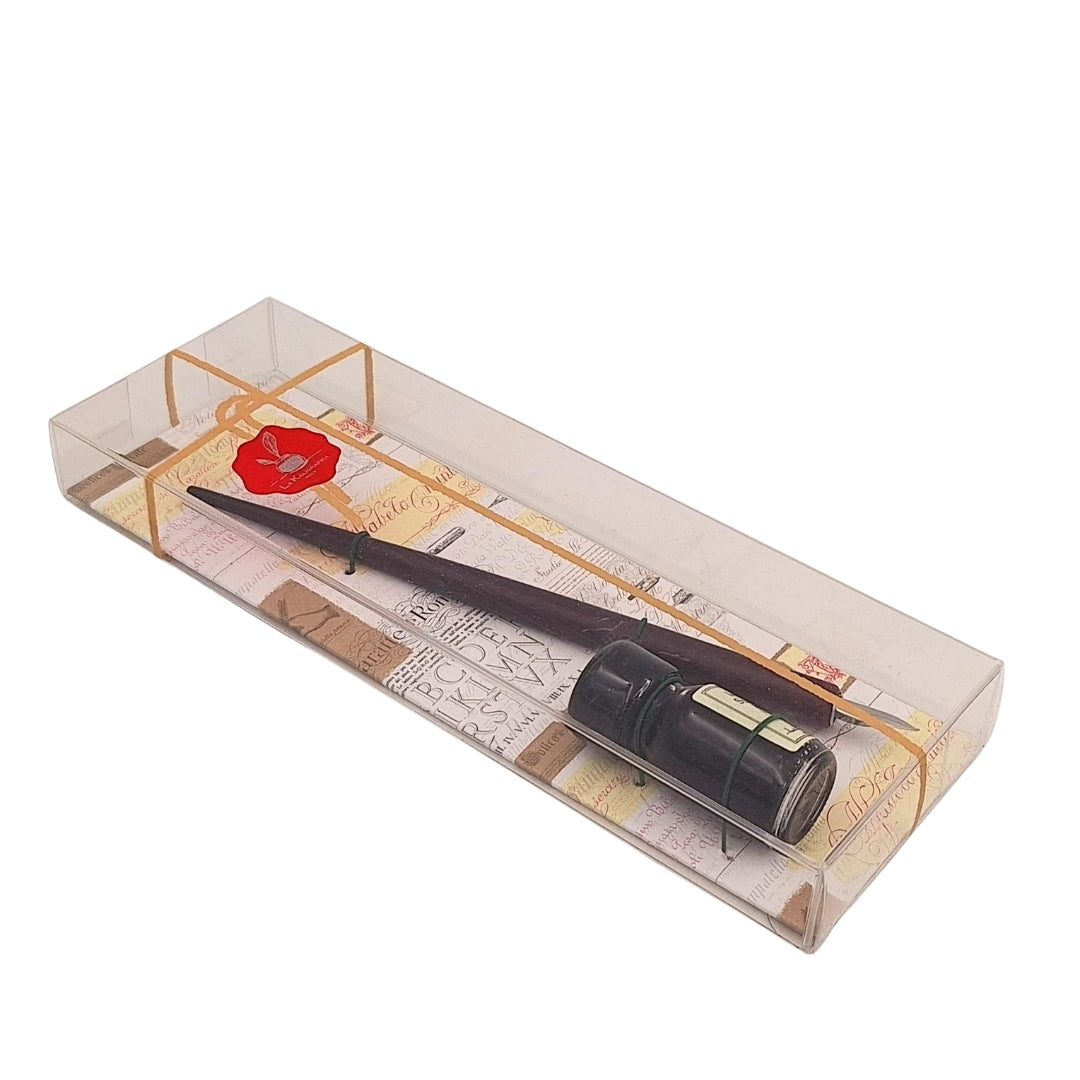 Conjunto Elegante para Caligrafia com Pena de Madeira e Tinta Preta, possibilidade de personalização por gravação, ideal para presente para amantes da arte da escrita, em embalagem decorativa 7,5 x 22 x 3 cm