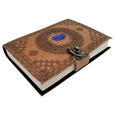 Caderno de Couro Retro com Pedra - Caderno Personalizado com Gravação - Couro de Búfalo, Castanho, 18x13 cm
