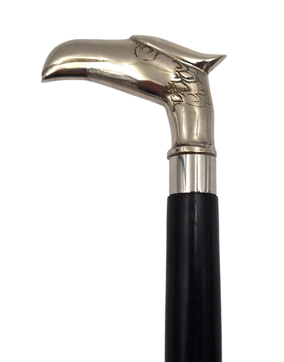 Bengala Dobrável de Madeira com Cabeça de Águia - Presente Elegante com Possibilidade de Personalização com Gravação, Comprimento 91,5 cm, Preta com Pegador Prateado de Latão