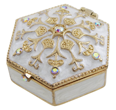 Caixa de presente elegante em metal com cristais B0035-08WH, branco e dourado, possibilidade de personalização por gravação, ideal para joias e pequenos objetos, 5x5x2 cm