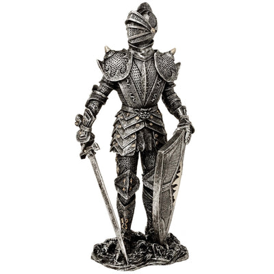 Figura Decorativa Cavaleiro em Armadura Prateada 30 cm com Possibilidade de Gravação Personalizada - Presente Elegante para Amantes de História e Fantasia, Pintada à Mão em Poliresina