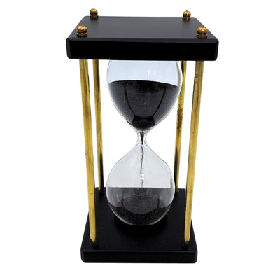 Ampulheta de Latão e Madeira 5 minutos com Areia Preta com Possibilidade de Personalização por Gravação – Decoração Retro Elegante para Presente com Altura de 16 cm