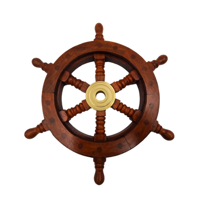 Roda de Leme de Madeira com Inserto de Latão e Espaço para Cunha - Diâmetro 30 cm - Presente Ideal com Possibilidade de Personalização com Gravação - Estilo Náutico e Retro