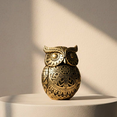 Coruja da sabedoria com possibilidade de personalização por gravação, decoração em dourado e preto, altura 13,6 cm, presente ideal para qualquer ocasião