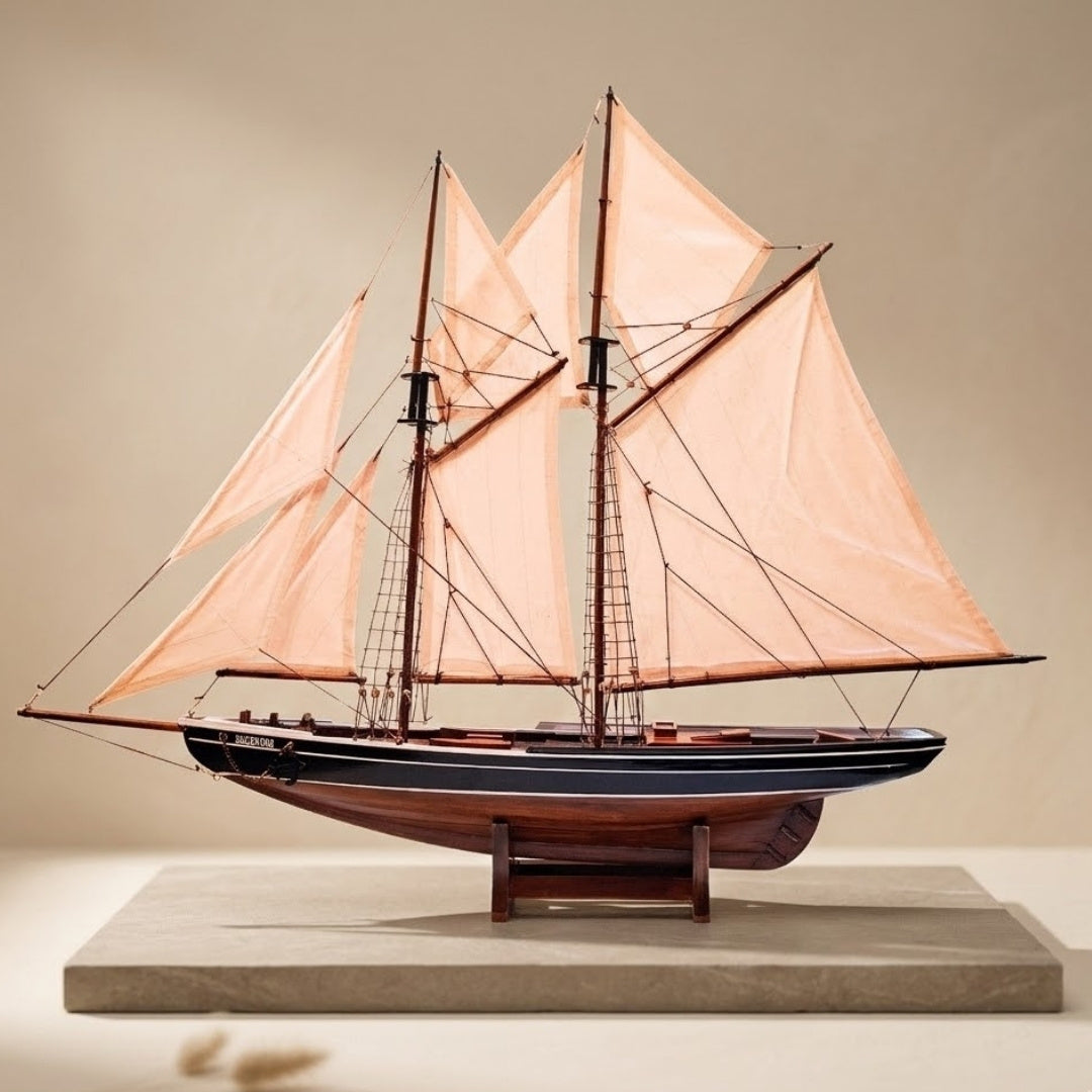 Modelo de Escuna Bluenose 78 cm com Gravação - Decoração Marítima Elegante em Madeira para Presente para Amantes da Vela e História Marítima com Velas Naturais