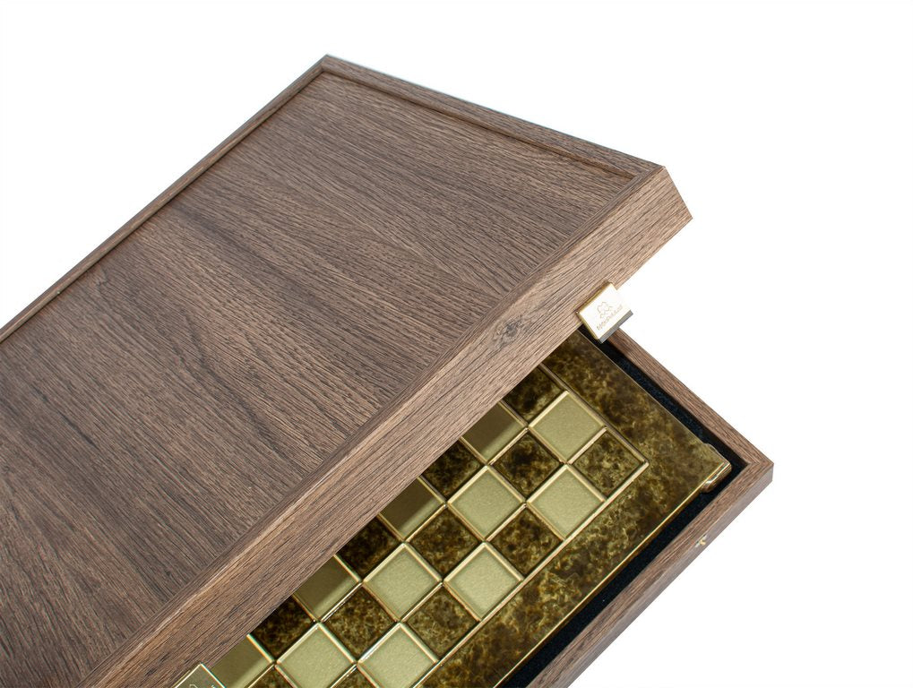 Xadrez metálico exclusivo Renascimento S9BRGS 36x36 cm dourado-prateado com possibilidade de personalização por gravação