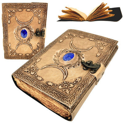 Caderno de Couro Retro com Pedra e Fases da Lua