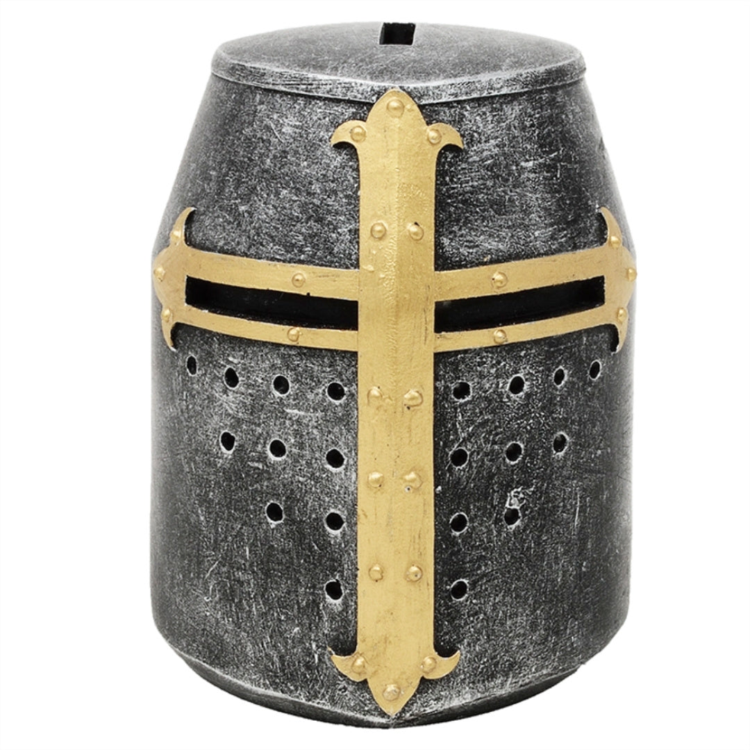 Mealheiro Capacete de Cavaleiro Cruzado com Personalização por Gravação – Presente Único em Estilo Medieval, Altura 10 cm, Pintado à Mão em Poliresina