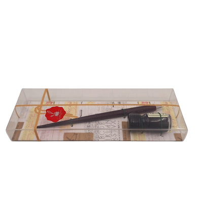 Conjunto Elegante para Caligrafia com Pena de Madeira e Tinta Preta, possibilidade de personalização por gravação, ideal para presente para amantes da arte da escrita, em embalagem decorativa 7,5 x 22 x 3 cm