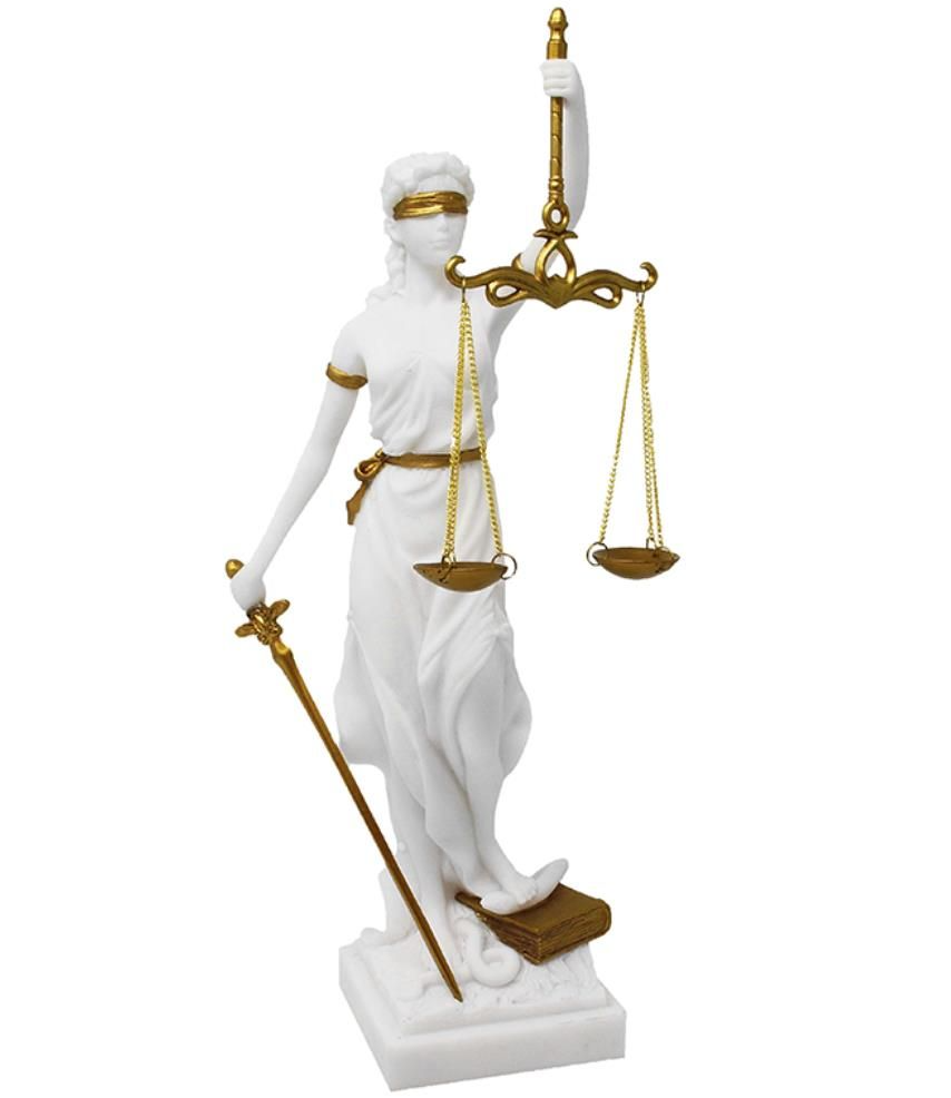 Estatueta da Têmis com possibilidade de personalização por gravação - presente elegante para advogado, juiz ou estudante de direito, branca com detalhes dourados, altura 35 cm, pintada à mão em polyresina
