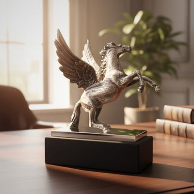 Figura Decorativa Pégaso em Alumínio com Base em Aço e Madeira, Gravação Personalizada, Presente Elegante para Amantes da Mitologia Grega, Altura 36 cm, Cor Prateada com Base Preta