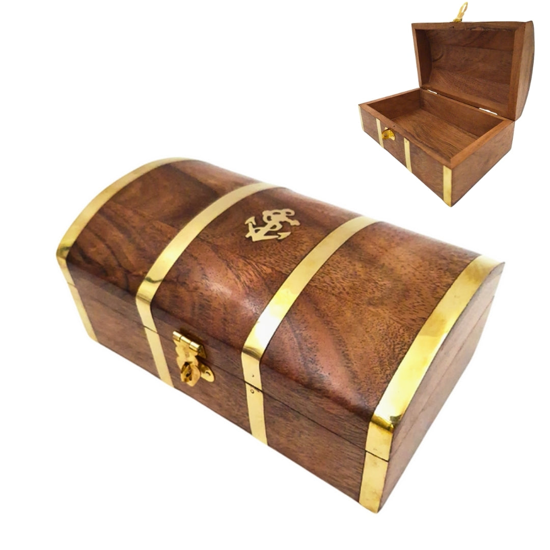 Caixa de madeira marinheira vintage DNU-020 com motivo de âncora em latão, gravação personalizada, ideal para presente para amantes do mar, dimensões 18,4 × 12,7 × 7,6 cm