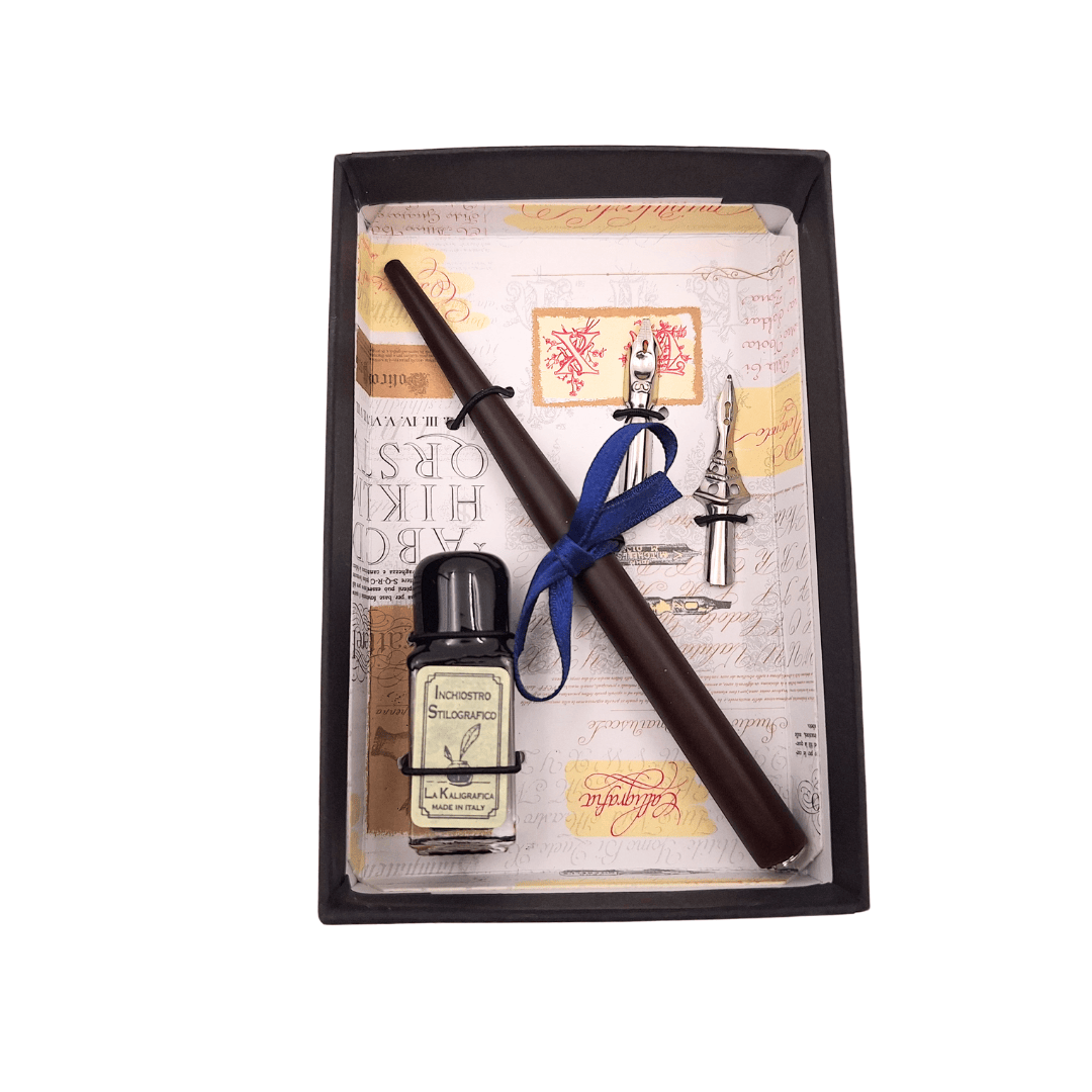 Conjunto de caligrafia com gravação personalizada - caneta italiana com duas penas e tinteiro, ideal para presente - embalagem elegante 12,5x8,5x3cm