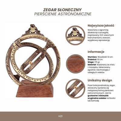Relógio de sol H21 com anéis astronómicos, gravação personalizada, presente elegante para secretária, altura 12 cm, latão e zamak