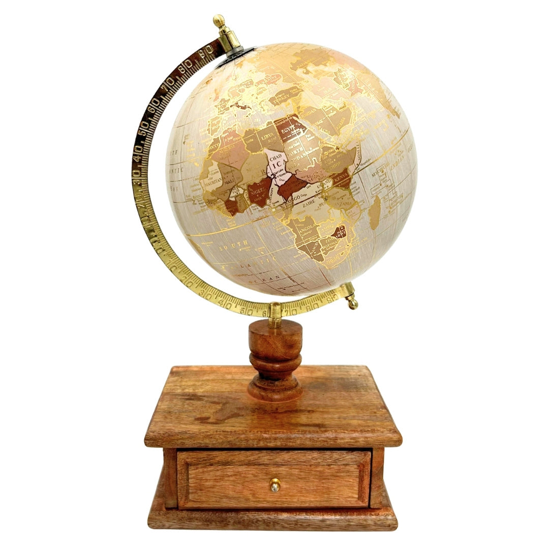 Globo de secretária vintage elegante com base de madeira e gaveta