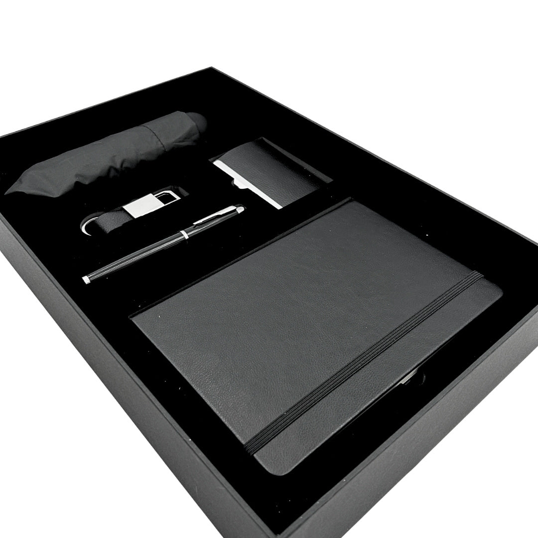 Conjunto Elegante Classico para Presente com Personalização - Caderno de Pele A5, Guarda-Chuva, Caneta, Porta-Cartões e Porta-Chaves em Caixa de Presente Estética