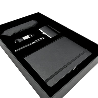 Conjunto Elegante Classico para Presente com Personalização - Caderno de Pele A5, Guarda-Chuva, Caneta, Porta-Cartões e Porta-Chaves em Caixa de Presente Estética