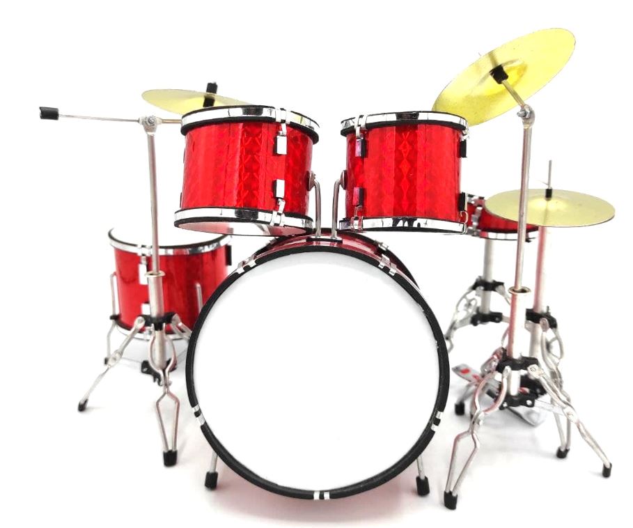 Mini bateria vermelha MDR-0121 com possibilidade de personalização por gravação, ideal para presente, altura 15 cm, feita em metal e plástico, escala 1:5