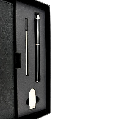 Conjunto de Presente Premium Elegante com Personalização – Caderno de Couro A5, Caneta e Pen Drive 16GB em Estojo Preto e Dourado