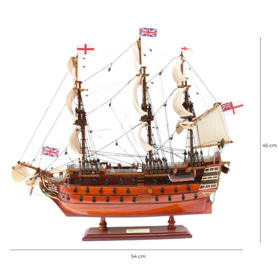 Modelo do veleiro HMS Victory montado 54 cm - Réplica feita à mão com possibilidade de personalização por gravação - Presente ideal para amantes da vela - Alta qualidade, base de madeira elegante
