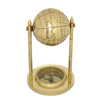 Globo Decorativo de Latão com Bússola e Possibilidade de Personalização por Gravação, Dourado, Altura 12,5 cm