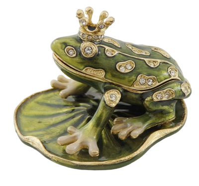 Caixa de presente exclusiva em metal em forma de rã com cristais, verde escuro e dourado, possibilidade de personalização por gravação, ideal para presente, dimensões 6,5x6,7x4,5 cm