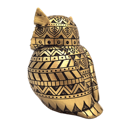 Coruja da sabedoria com possibilidade de personalização por gravação, decoração em dourado e preto, altura 13,6 cm, presente ideal para qualquer ocasião