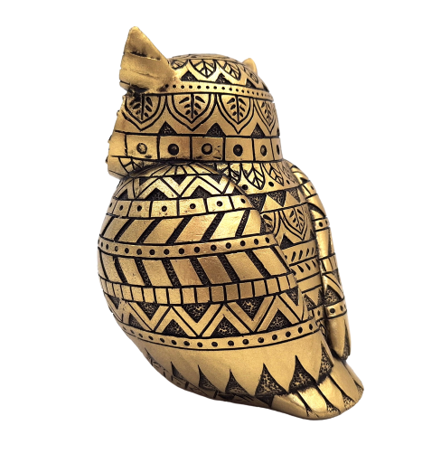 Coruja da sabedoria com possibilidade de personalização por gravação, decoração em dourado e preto, altura 13,6 cm, presente ideal para qualquer ocasião