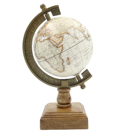 Globo Decorativo Estiloso Amundsen em Base de Madeira com Gravação - Decoração Elegante para Interiores Clássicos, Loft e Colonial, Ideal para Presente - Altura 26,5 cm, Cor Branco e Castanho, Toque Educativo em Inglês