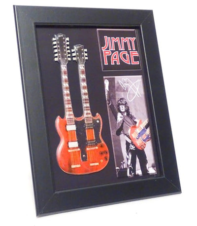 Mini guitarra double neck estilo Jimmy Page FMG-011 com possibilidade de personalização por gravação, ideal para presente - moldura de madeira 1,3 cm x 16 cm x 21,4 cm, estrutura em aço