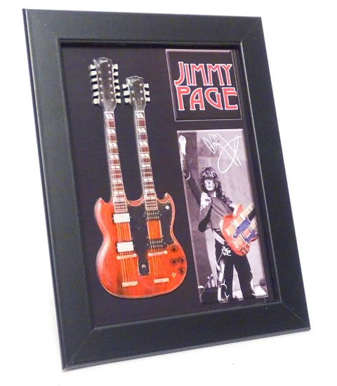 Mini guitarra double neck estilo Jimmy Page FMG-011 com possibilidade de personalização por gravação, ideal para presente - moldura de madeira 1,3 cm x 16 cm x 21,4 cm, estrutura em aço
