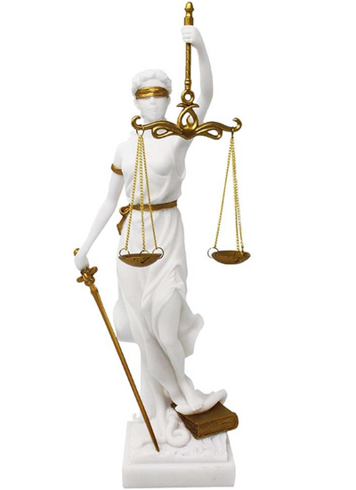 Estatueta da Têmis com possibilidade de personalização por gravação - presente elegante para advogado, juiz ou estudante de direito, branca com detalhes dourados, altura 35 cm, pintada à mão em polyresina