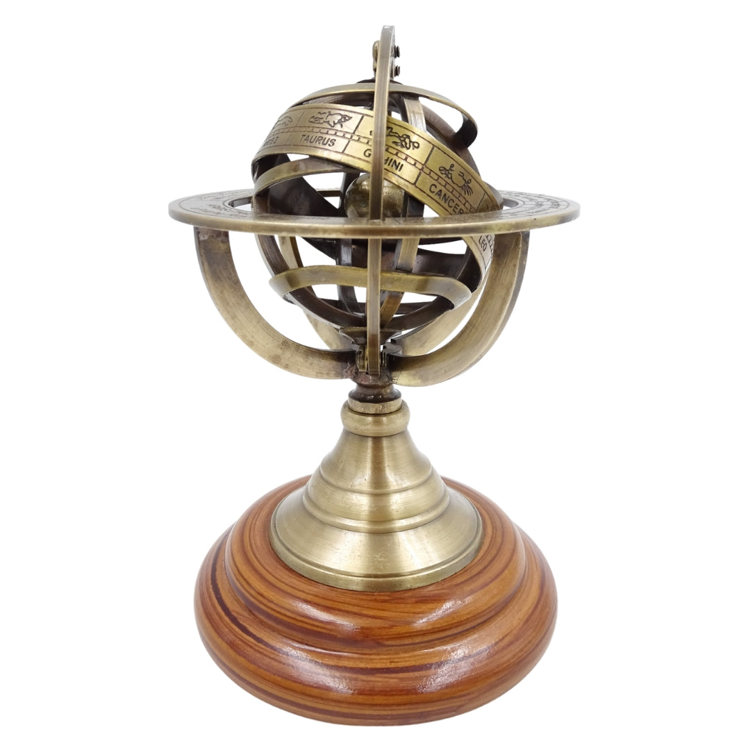 Astrolábio de Latão 14 cm com Gravação - Presente Único para Amantes da Astronomia, Decoração Elegante de Latão e Madeira em Cor Dourada