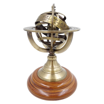 Astrolábio de Latão 14 cm com Gravação - Presente Único para Amantes da Astronomia, Decoração Elegante de Latão e Madeira em Cor Dourada