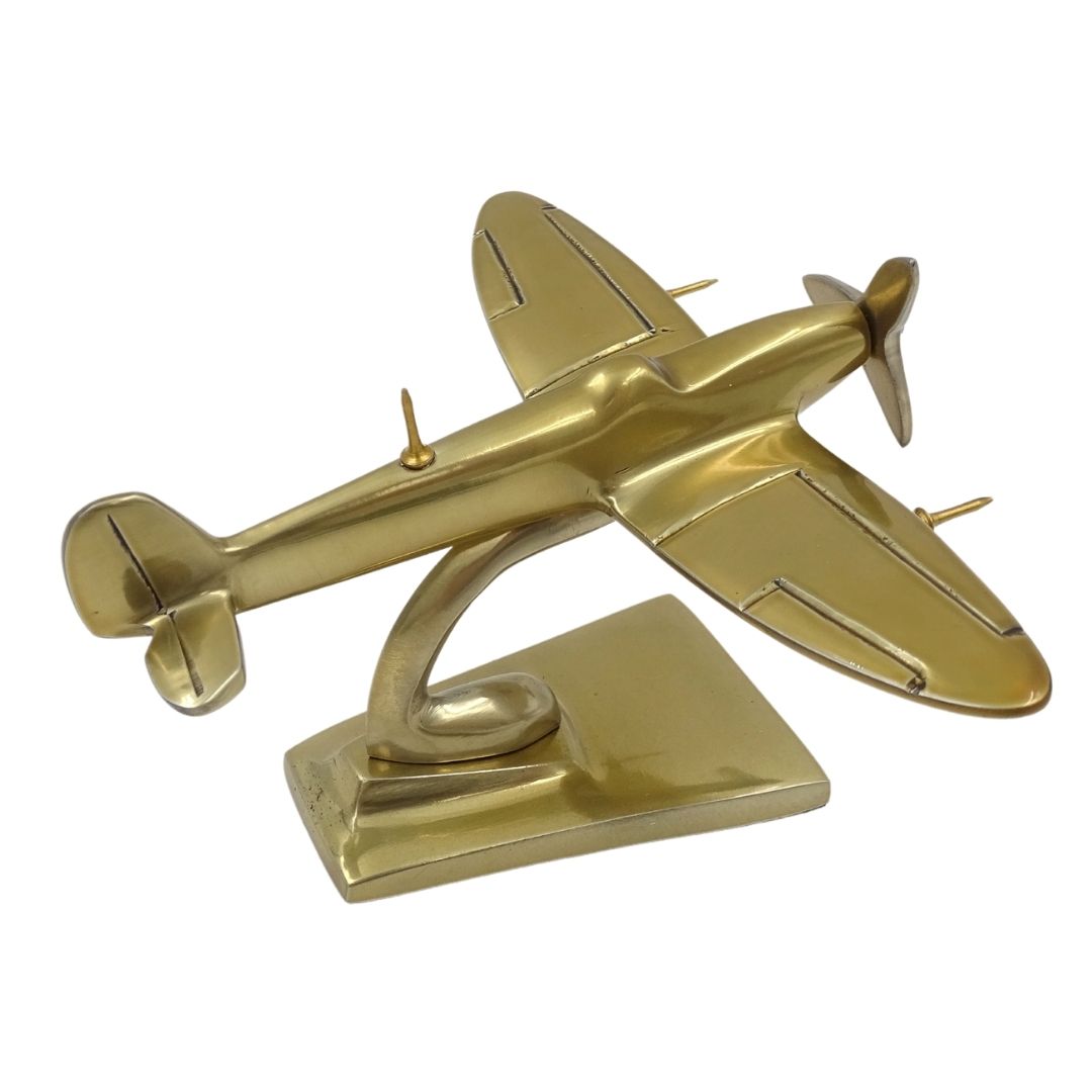 Modelo de avião Spitfire dourado WWII caça com possibilidade de personalização por gravação – presente elegante para amantes da aviação, feito em alumínio, dimensões 15 × 13 × 8 cm