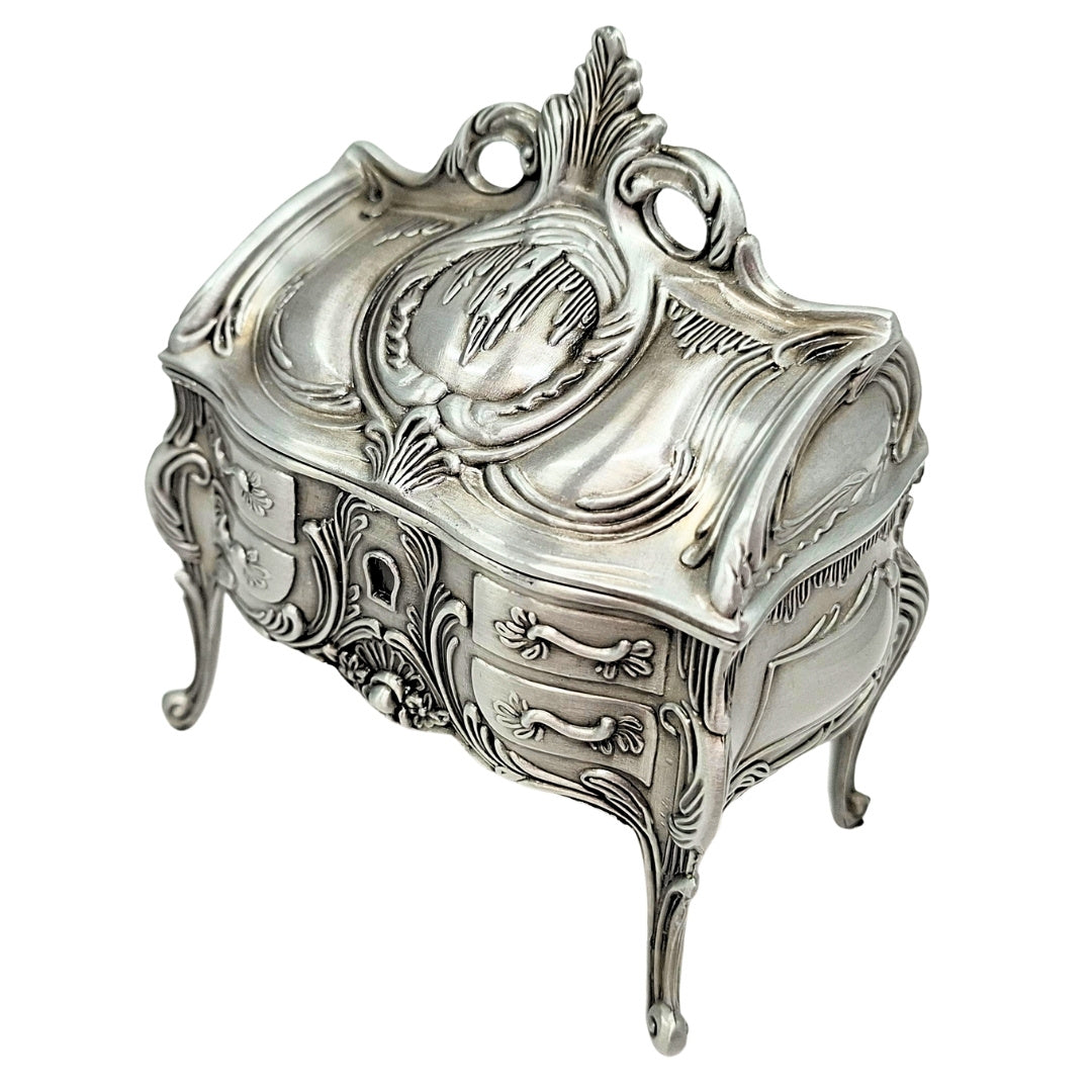 Caixa de Joias Metálica Prateada Retro 2056M com Possibilidade de Gravação - Presente Elegante para o Dia da Mãe ou Aniversário, Dimensões 9,7 x 10 x 6,7 cm, Estilo Rococó com Ornamentação Floral